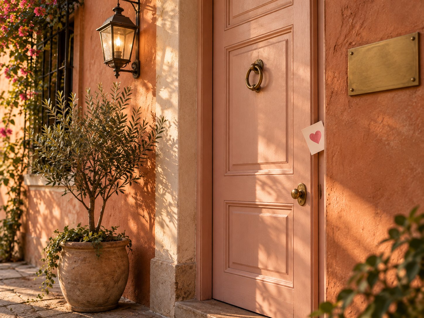 Puerta color rosa polvo de un consultorio médico en una fachada colonial, olivo en maceta al lado