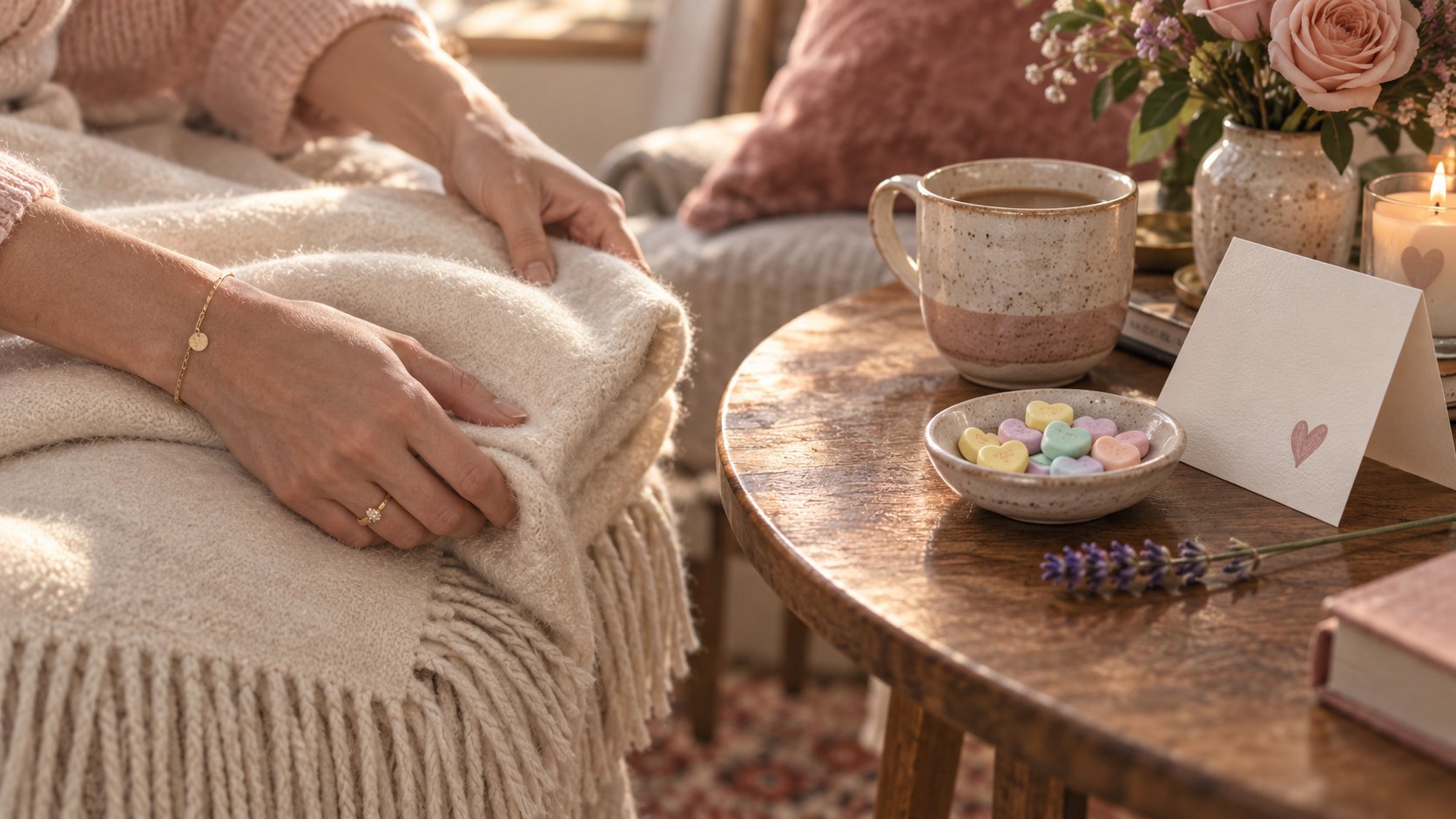 Warm cashmere throw over a bench with pink garden roses in a marble bowl, honeycomb and small candy hearts on linen